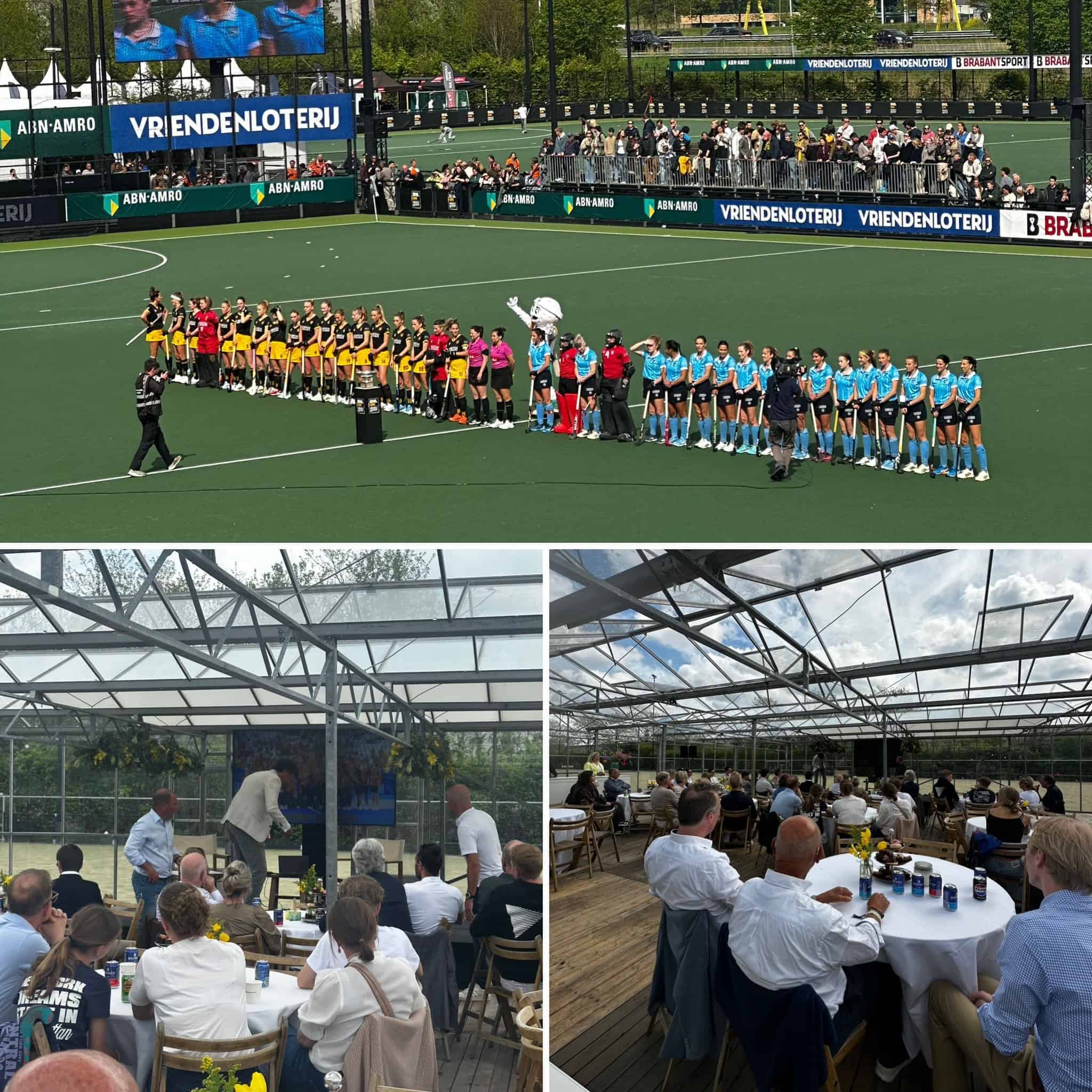 Vrouwelijke hockeyteams presenteren tijdens een sportevenement op een kunstgrassportveld.