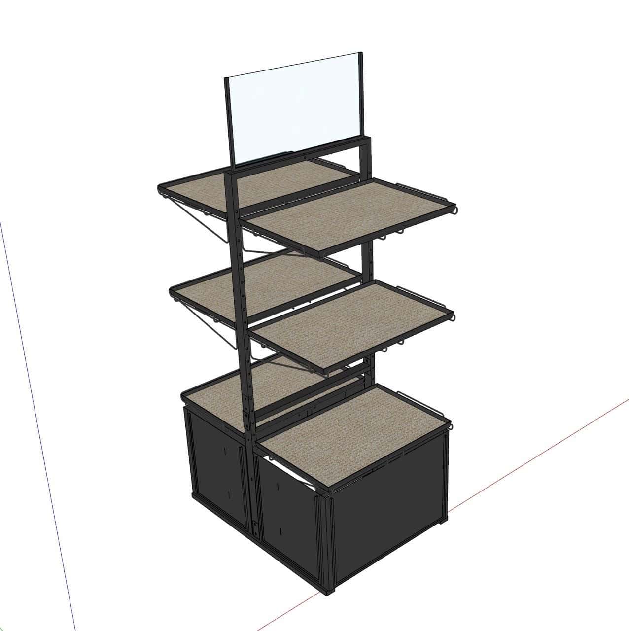 Modern winkelrek met meerdere legplanken en een display wand voor effectieve merchandise presentatie.