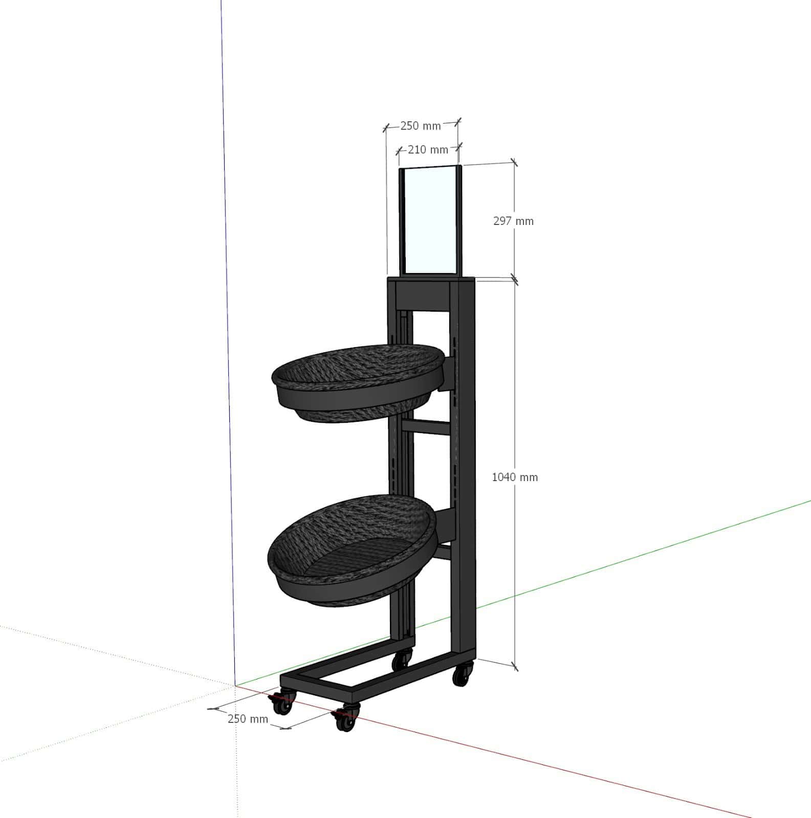 Metalen plantenstandaard met twee rieten manden en wieltjes, ideaal voor tuin, balkon of terras, ontworpen door Elips Solutions voor stijlvolle bloem- en plantenpresentatie.
