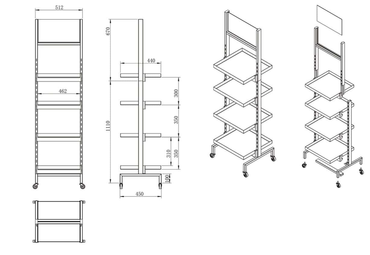 Stalen opbergwagen met vier verstelbare planken, inclusief mobiel ontwerp en gedetailleerde technische tekeningen voor industriële opslag, ideaal voor magazijnen en werkplaatsen.