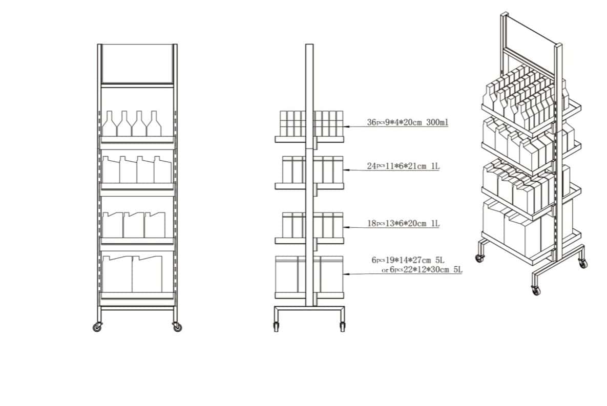 Steigerbare opslagrek met verschillende compartimenten voor bottles en containers, ideaal voor opslag en logistiek.