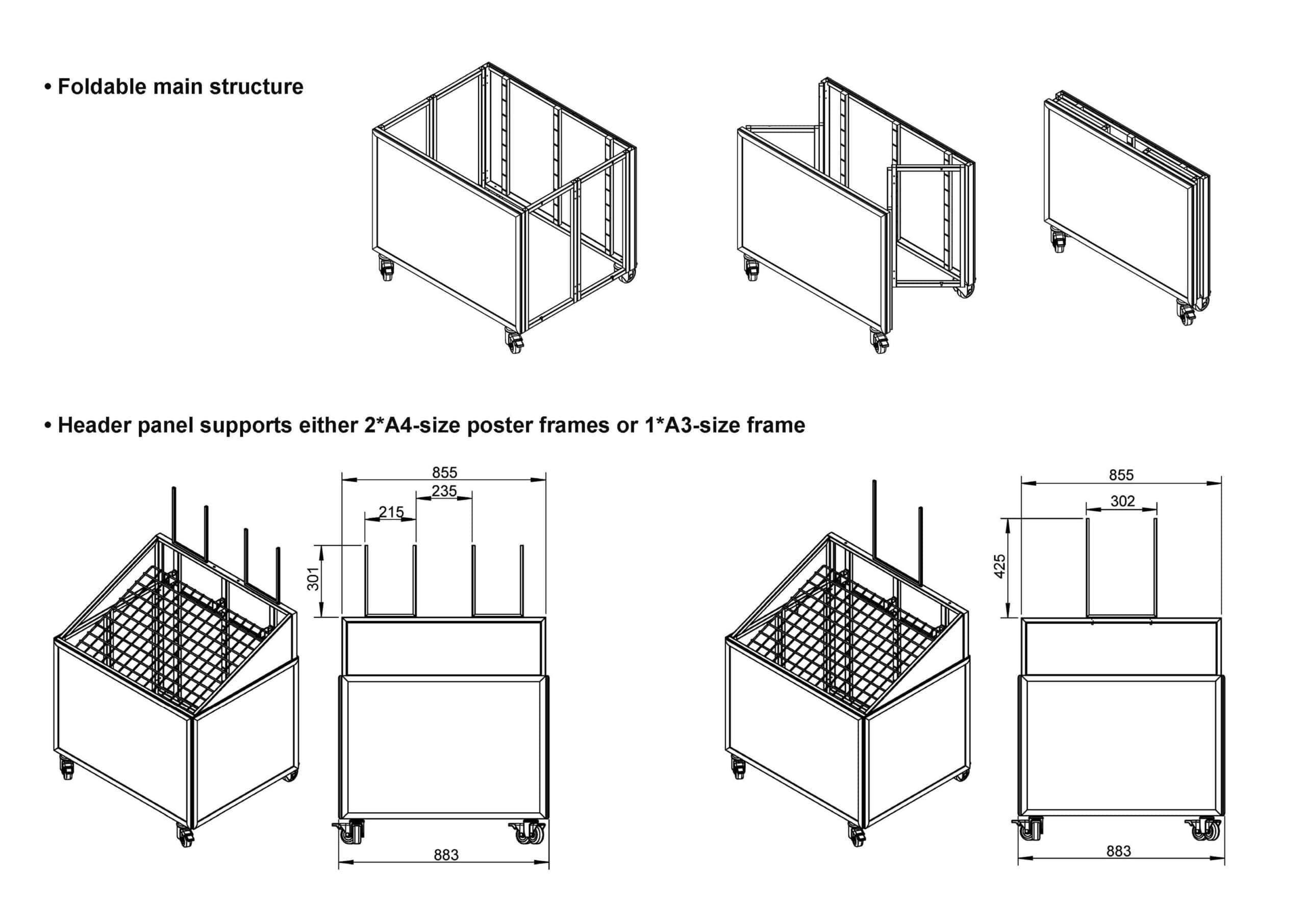 Robuuste opklapbare mediaruimte met modulaire panelondersteuning voor effectieve presentatie en opslag.
