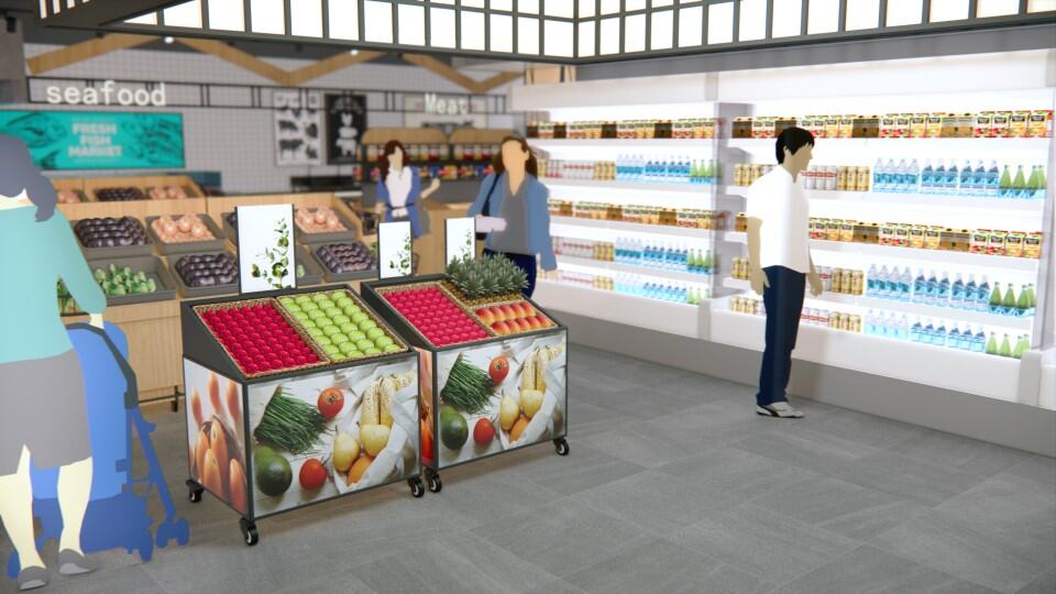 Versatile supermarktindeling met verse groenten, zuivelproducten en gesnoeide fruit displays in een moderne winkelomgeving.