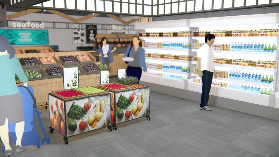 Fruits en zuivel in een supermarkt, verse groenten en producten op planken, moderne winkelomgeving, klanten winkelen, vers voedsel en hygiënische presentatie.