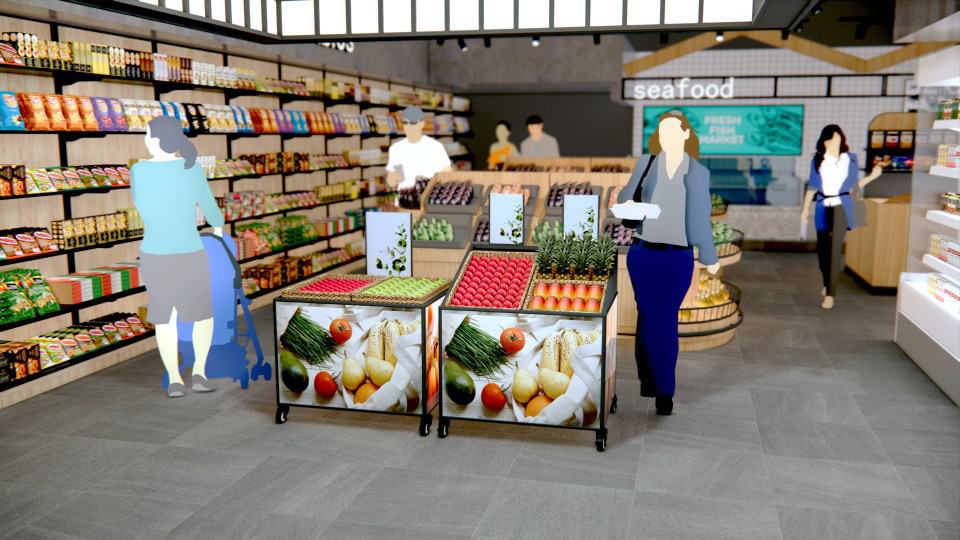 Produce afdeling met verse groenten en fruit in een winkel, met klanten die boodschappen doen en winkelen, inclusief foodmarkt en seafood sectie.