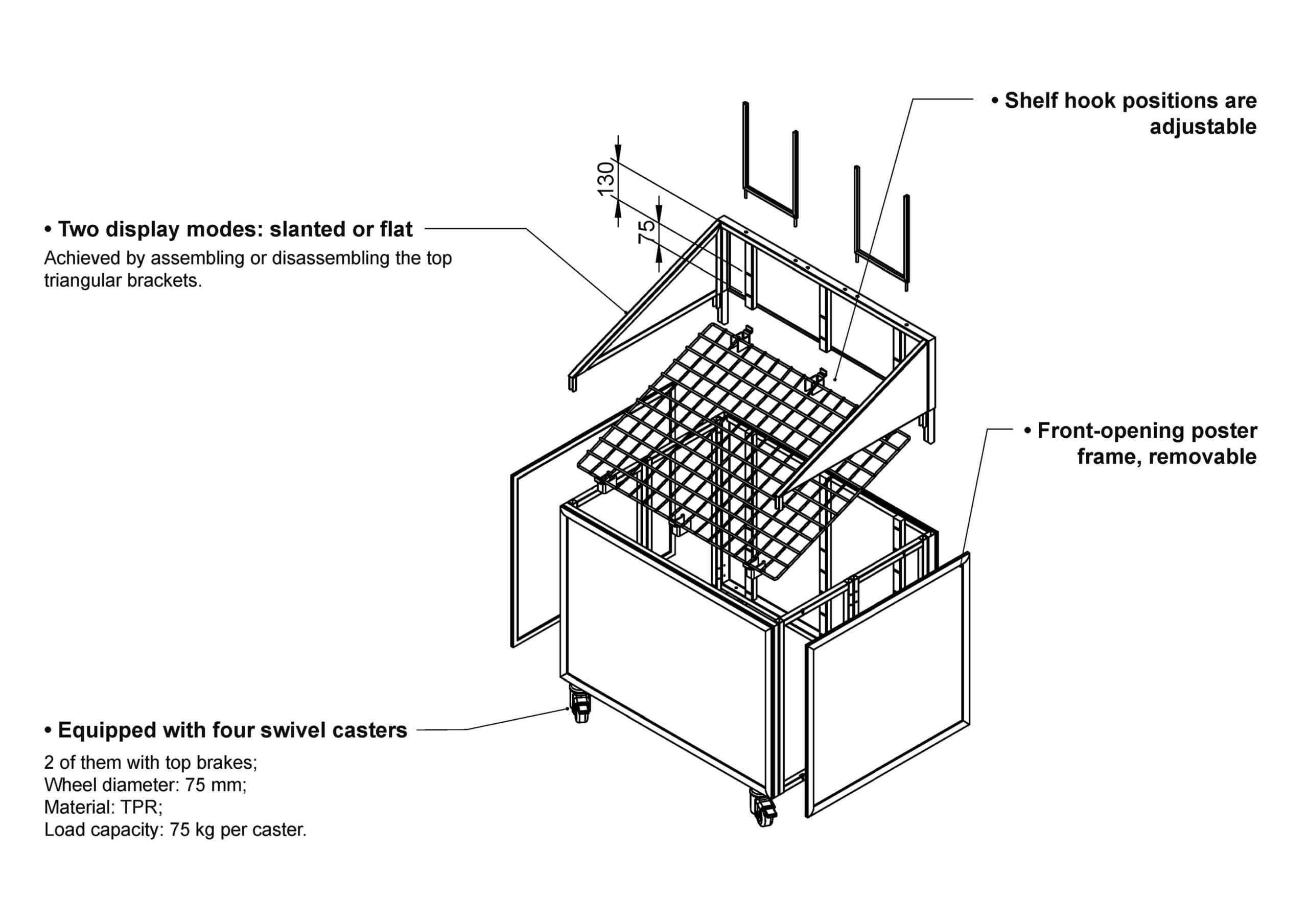 Gestructureerd displayframe met verstelbare plankbeugels en draaibare zwenkwielen, ideaal voor presentatiedoeleinden. Perfecte oplossing voor verkoop- of informatiedoeleinden met modulaire functies.