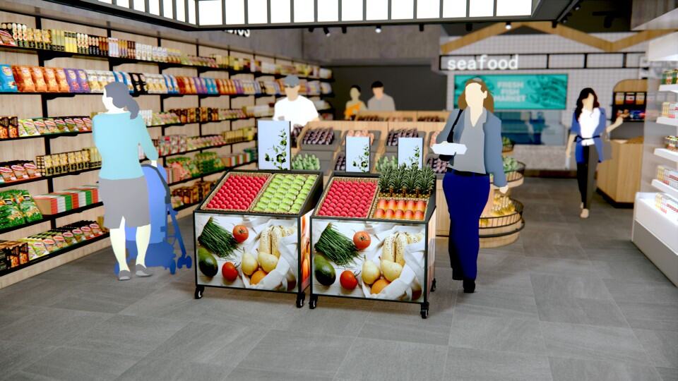 Poeder en groenten in een moderne supermarkt, met klanten die winkelen en producten bekijken.