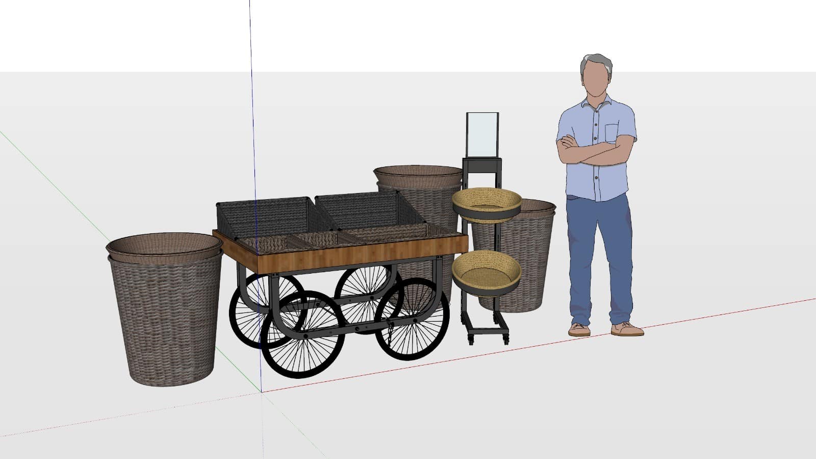 Steigerhouten mobieltuinwagen met opbergmanden en ronde zittingen, ontworpen voor tuin- en interieurdecoratie, met een moderne en natuurlijke uitstraling. Perfect voor tuinieren en buitengebruik.