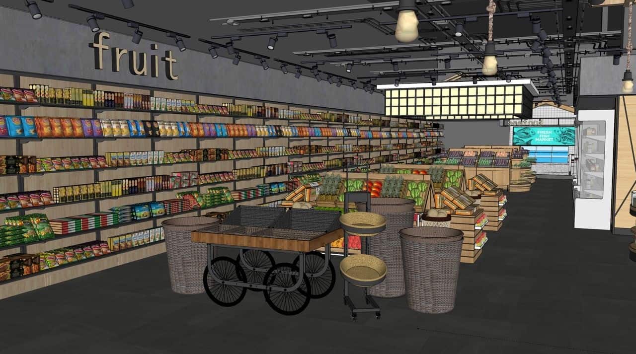 Fruit overzicht in een supermarkt, met nadruk op verse groenten en fruit, innovatieve winkelindeling, en modern design voor een optimale klantbeleving.