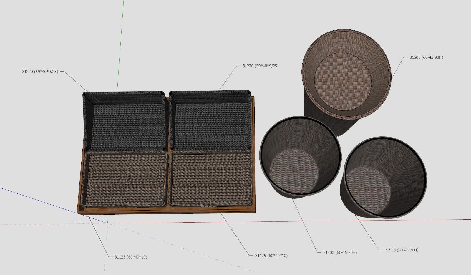 Elegante set wicker tafel en manden voor tuinmateriaal, ontworpen voor duurzaamheid en stijl. Perfect voor buiten, met hoogwaardige rotan en houten frame, ideaal voor moderne tuininterieurs.