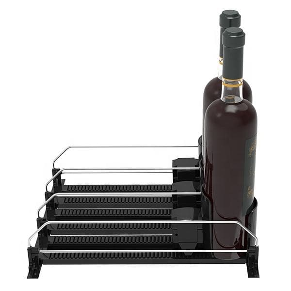 Glasrek met twee wijnflessen en glazenrek op elegante wijnopslag standaard, perfect voor wijnliefhebbers en barinrichting.