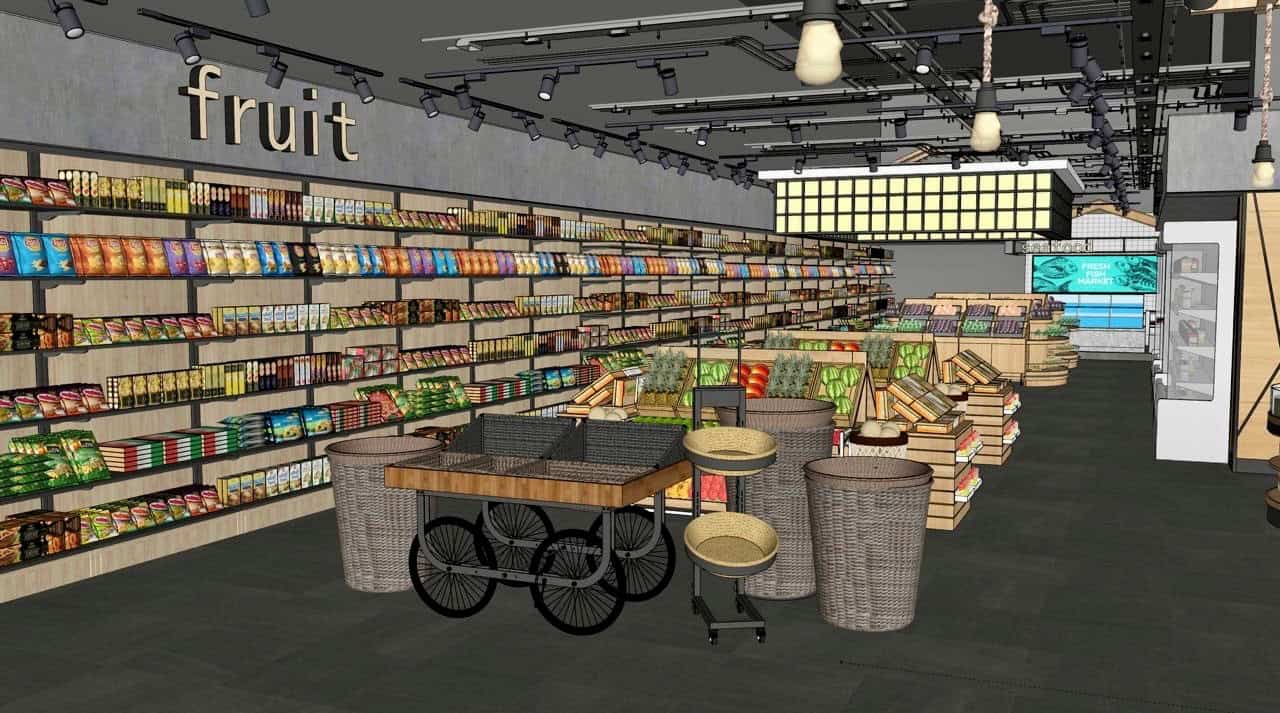 - Krachtige visuals van een fruitafdeling in een supermarkt, met uitgebreide assortimenten en moderne displayopstellingen.
