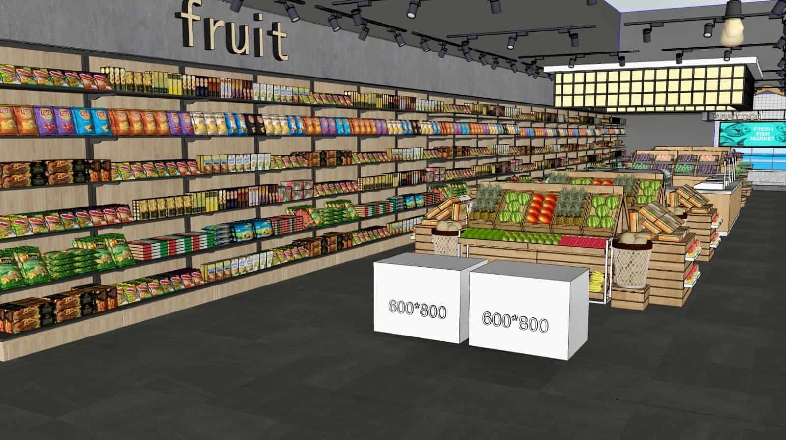 Voorbeeldafbeelding fruitafdeling in een supermarkt, getoond in een digitale rendering, met vers fruit en verpakkingen, ideaal voor visualisatie van retail en supermarktconcepten.